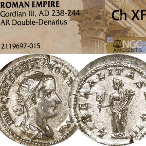 Moneda Romana Doble Denario GORDIANO III/Liberalitas con Cornucopia NGC Choice XF - Imagen 1 de 14