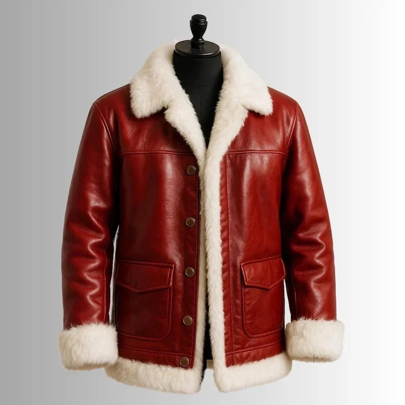 Men’s Santa Claus Red Real Leather Christmas Shearling Style Bomber Fur Jacket - Image 1 of 4