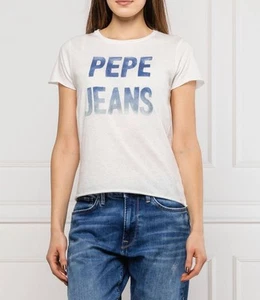 NEW PEPE JEANS Womens White Regular Fit Graphic Big Logo T-Shirt Mousse & Blue - Picture 1 of 5