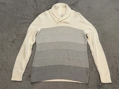 Calvin Klein Sweater Mens Small Cream Gray Striped Shawl Collar Pullover Cozy - Image 1 of 4