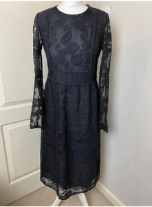 zara lace black midi dress size Medium Piped Full Skirt Skater Paisley Lined - Picture 1 of 6
