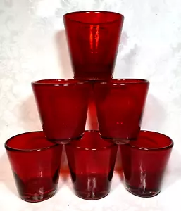 Set of 6 TAG Heavy Hand Blown Ruby Red Bubble Glass Tapered Lowball Tumblers - Picture 1 of 14