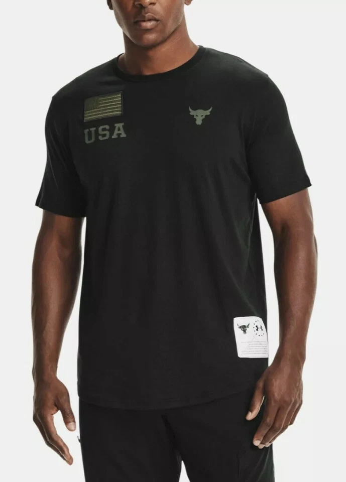 Under Armour X Project Rock USA Flag Patch Veterans Day Black Olive Shirt