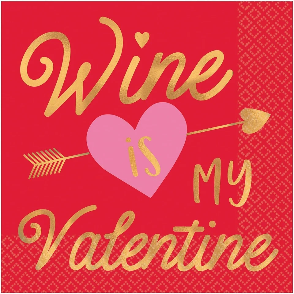 Wine is My Valentine's Day Cocktail Holiday Party Paper Beverage Napkins - Image 1 of 1
