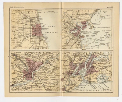 1888 ОРИГИНАЛЬНАЯ АНТИКВАРНАЯ КАРТА ГОРОДА НЬЮ-ЙОРК ЧИКАГО БОСТОН ФИЛАДЕЛЬФИЯ США - Изображение 1 из 4