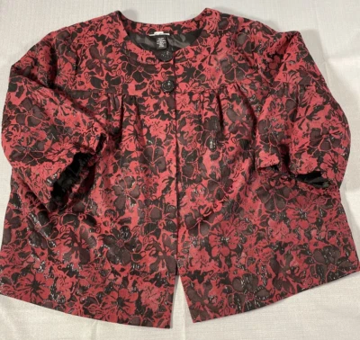 Blazer Studio 1940 Feminino 24W Vermelho Marrom Preto Babado Floral Manga 3/4 Botão - Imagem 1 de 4