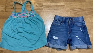 Girl's Mini Boden & Old Navy Outfit Size 7-8 - Teal Floral Tank w/Jean Shorts - Picture 1 of 7