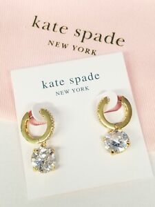 Kate Spade Gold Plate SOMETHING SPARKLY Clear CZ Round Drop Huggie Hoop Earrings