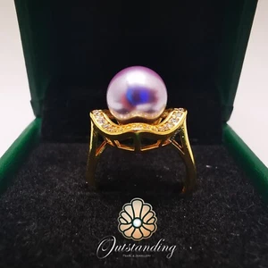 Authentic 10mm Tahitian Violet Pearl Adjustable Ring 9ct Gold Filled Lab Diamond - Picture 1 of 24