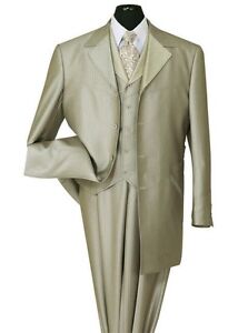 Mens Shark Skin Wool Feel Zoot Suit 4 button with Fancy Vest ,Waist Band 2912V