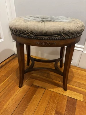 Antique Oval Mahogany or walnut (?) Wood Vanity stool Bench Handpainted - Image 1 of 4