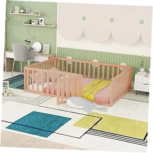Full Size Montessori Bed with Fence and Door,Toddler Floor Bed Frame W/Safety - Picture 1 of 8