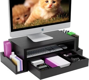Simple Trending Monitor Stand Riser and Computer Wood Desk Organizer Black - Bild 1 von 8