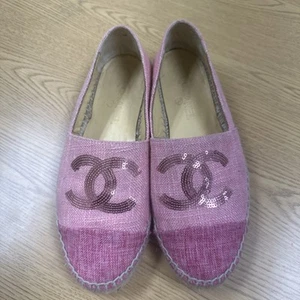 Chanel Tweed Espadrilles Sandalen Rosa CC Logo Flats Gr. 39 / US 9 Authenticated - Bild 1 von 14