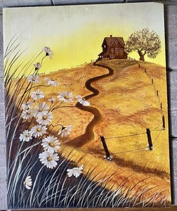 Pintura al óleo original vintage de mediados de siglo moderna House a Hill firmada por M. Foster - Imagen 1 de 7