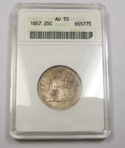 1857 ANACS AU55 | TYPE 2 NO MOTTO - Seated Liberty Quarter - 25c US Coin #40342A Cover