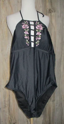 Mossimo NEW One Piece Swimsuit Womens XL Black Tie Neck Purple Floral Boho Fairy - Image 1 of 4