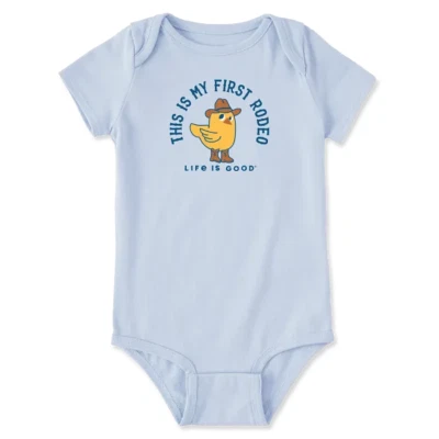 Life is Good First Rodeo Chicken Short Sleeve Crusher Baby Bodysuit Glacier Blue - Image 1 of 2