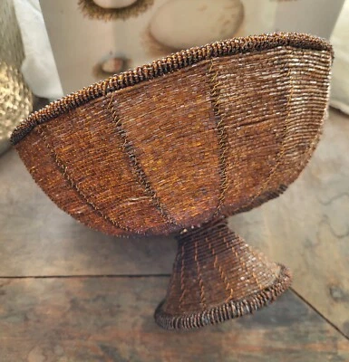 ОСЕННЯЯ Стеклянная Бусина Пьедестал Проводная КОРЗИНА на Ножке Чаша КОМПОТ бронзово-коричневый - Изображение 1 из 4