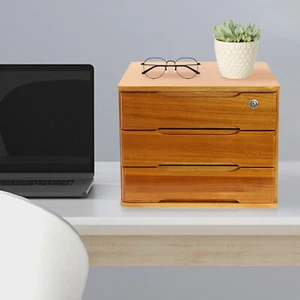 Caja de almacenamiento de escritorio de 3 niveles rectangular amarillo madera 17,72 pulgadas con cajones bloqueables - Imagen 1 de 18