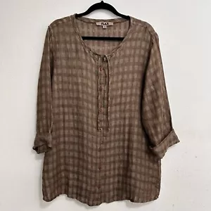 FLAX Brown Plaid Windowpane Check L Linen Jacket Button Front Lagenlook Size S - Picture 1 of 12