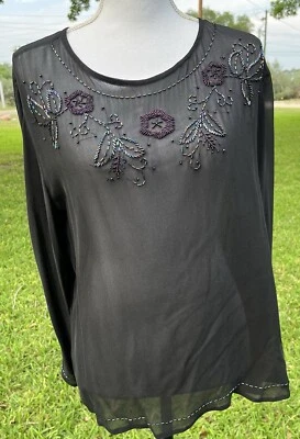 Blusa Top Vintage Carole Little Nueva con Etiquetas Negra Transparente Seda Con Cuentas Talla 8 Mangas Largas Foto 1 de 4