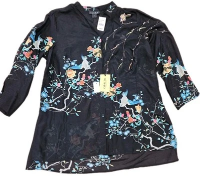 Blusa para mujer CITRON Santa Mónica negra seda colorida bordada pájaros nueva con etiquetas 0X Foto 1 de 4