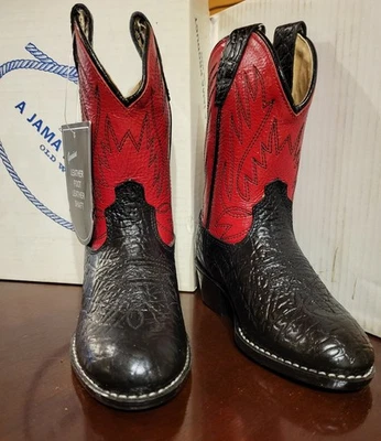 OLD WEST Children's Western Cowboy Boots Black Bullhide Foot & Red Leather Shaft - Image 1 of 4