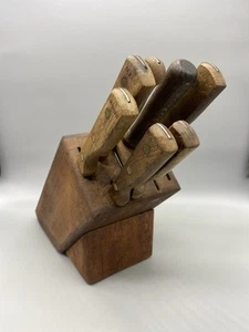 Old Homestead Knife 7 pc SET Lifetime Cutlery Japan Wood Handle w/ Cleaver Block - Picture 1 of 12