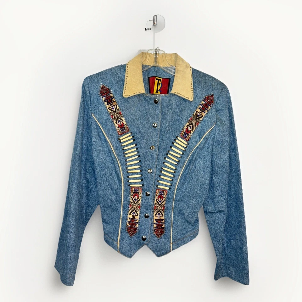 Vtg 90s T2 Women's Size 8 Jacket Blue Denim Beaded Southwestern Cotton Leather - Image 1 of 4
