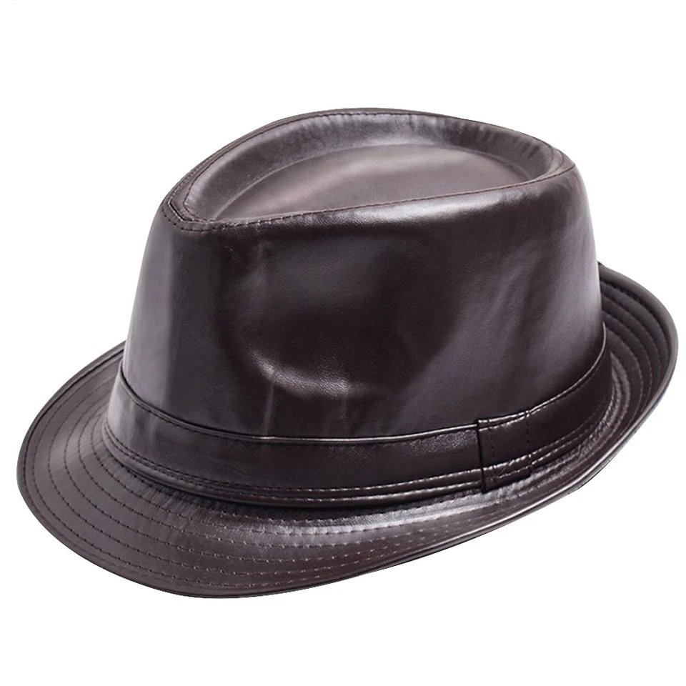 Gorra corta de cuero clásico PU Trilby Bowler ala Fedoras Panamá para jazz hombres Foto 1 de 4