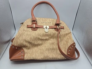 Michael Kors Large Dome Satchel Purse Shoulder Strap Tan Brown Zippered - Picture 1 of 23