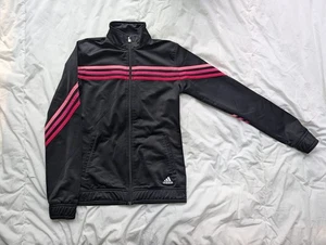 Adidas Track Jacket Youth Girls Size Large 14 Black Front Pink Striped Bomber - Picture 1 of 9