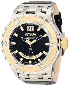 INVICTA RESERVE SUBAQUA DAY/DATE BLACK DIAL BLACK LEATHER MEN'S WATCH 10093 NEW - Picture 1 of 5