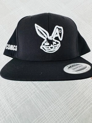 Rabbit Comics stitched logo snap back hat with green brim