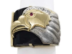 Natural Onyx Diamond & Garnet Eagle Cigar Band Ring Two-Tone 14k Gold Size 9.75 - Picture 1 of 7