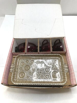 VINTAGE GLASS SNACK SET ANCHOR HOCKING ROYAL RUBY CUPS CIRCLE TRAYS SET 4 BOX - Image 1 of 4