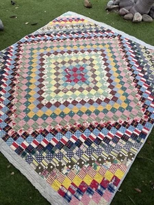 Vintage Quilt Hand Quilted 75” X 82” Trip Around The World Feedsacks OLD - Picture 1 of 24