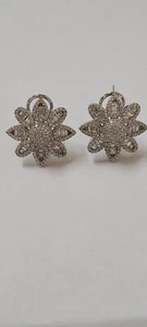 Flower Design CZ Cluster Earrings Sterling Silver Round and Baguette CZ Stones - Picture 1 of 8