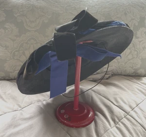 VINTAGE Black/Blue Velvet Hat w/ Black Straw Brim, Bows 20" - Picture 1 of 7
