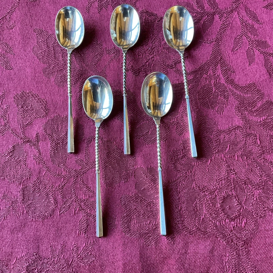 Juego de 5 CUCHARAS DE CAFÉ ESTERLINAS-por Whiting WDS26-cuadradas y torcidas-estilo estético Foto 1 de 4