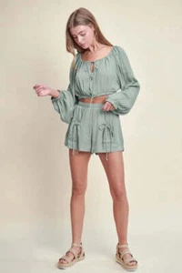 MABLE Gauze Long Sleeve Button Crop Top and Short Set - Picture 1 of 7