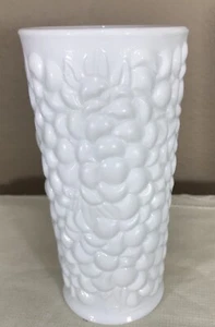 MILK GLASS ? WHITE 7 1/2” TALL VASE WITH ORANGES AND BANANAS IN THE PATTERN - Picture 1 of 3