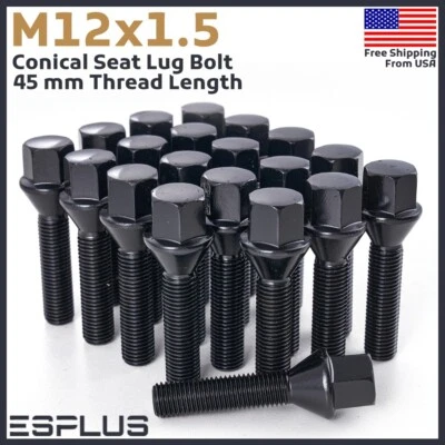 16 Lug Bolt M12x1.5 Black 45mm fit Nissan/Renault/SMART 4-Lug W 15-19 Spacers - Image 1 of 4