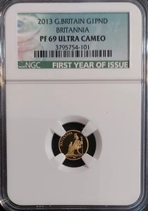 Moneda de oro a prueba de Gran Bretaña 2013 1 libra 1/20 OZ primer año NGC PF69 2893 acuñada - Imagen 1 de 3