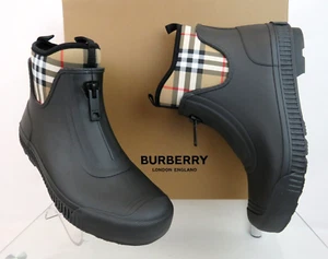 BURBERRY FLINTON BLACK RUBBER BEIGE CHECK SOCK LOGO ANKLE RAIN BOOTS US 11 EU 41 - Picture 1 of 14