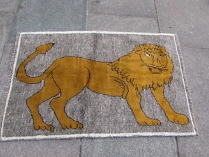 Vintage Traditional Hand Made Oriental Gabbe Wool Grey Rug 120x78cm Animal Lion - Picture 1 of 12