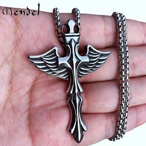 MENDEL Big Mens Stainless Steel Angel Wings Cross Pendant Necklace For Men Chain