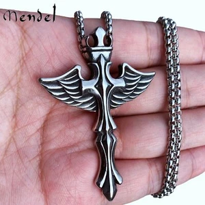 MENDEL Big Mens Stainless Steel Angel Wings Cross Pendant Necklace For Men Chain - Picture 1 of 5
