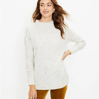 Loft Women’s Size XS Flecked Mock Neck Tunic Sweater Cream Speckled Textured - Image 1 of 4